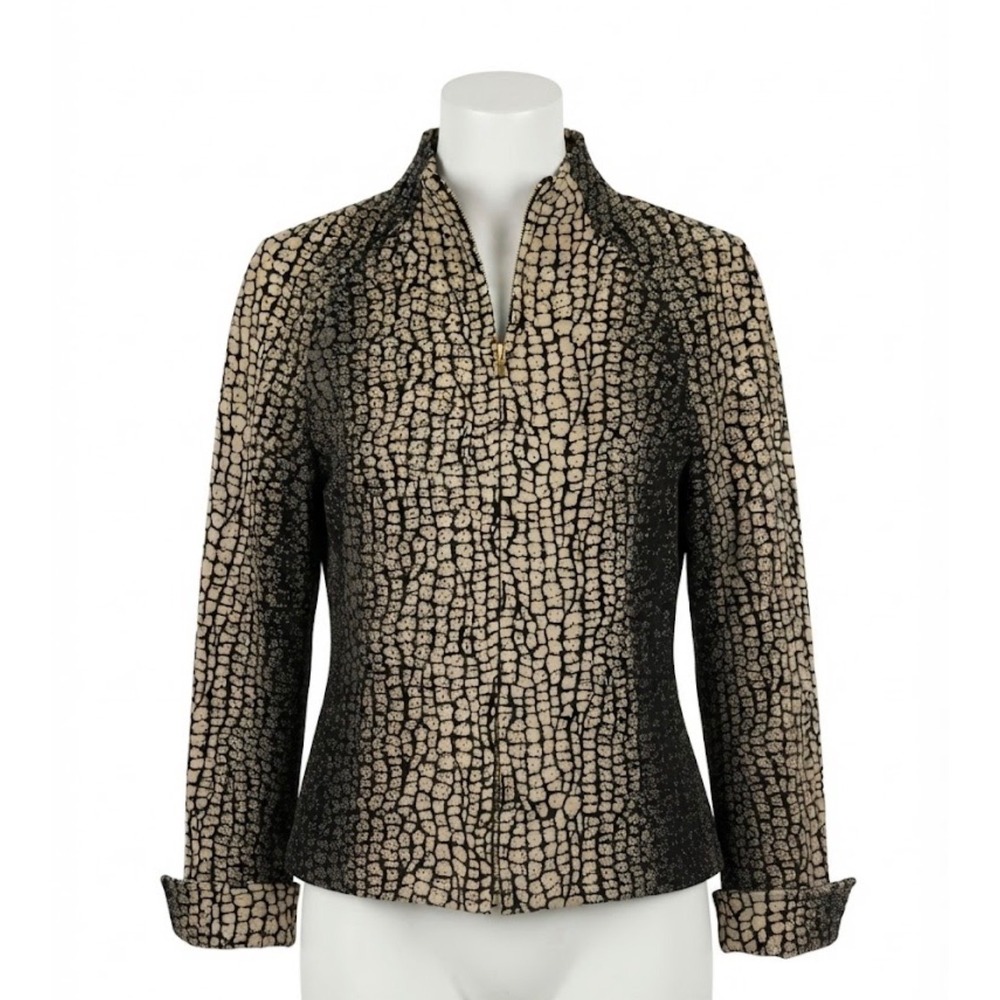 St. John Black Gold Metallic Crocodile Animal Print Zip Up Jacket Blazer Size 6